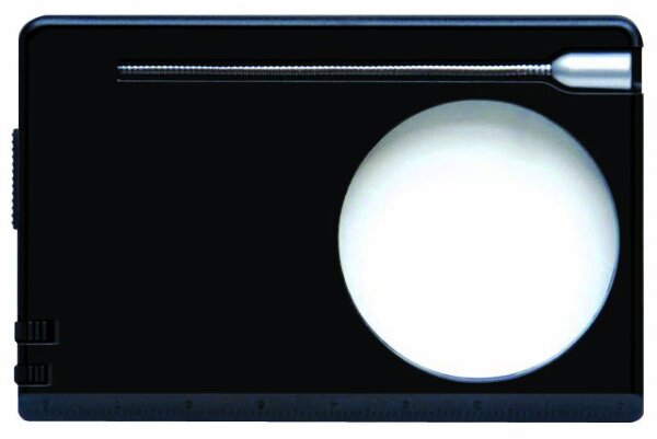 Lupe 5 in 1 Kreditkartengröße, 2xLupe, LD-Lampe mit flexiblem Hals, Stift, Griffel, Lineal